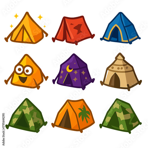 Colorful camping tents collection with various designs and patterns