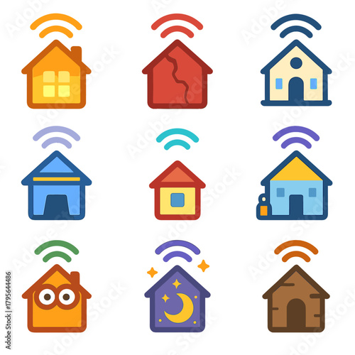 Colorful smart home icons featuring wi-fi symbols and house designs