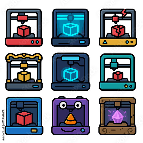 Colorful 3d printer icons collection displaying various printing states and materials