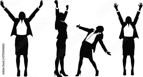 Confident businesswoman silhouette celebrating success, professional female raising hands in victory pose, empowerment concept, leadership, motivation, achievement