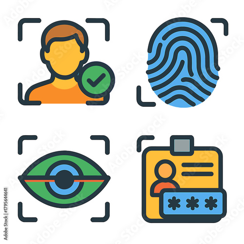 Biometric identity verification icons: fingerprint, face, eye, badge with security symbols