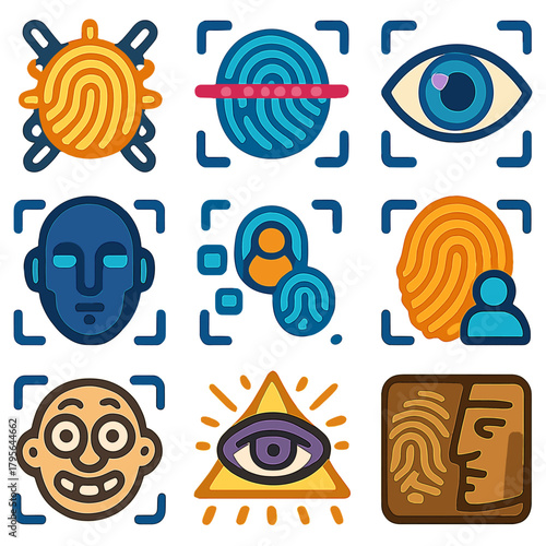Colorful biometrics icons featuring fingerprints and eyes for security themes