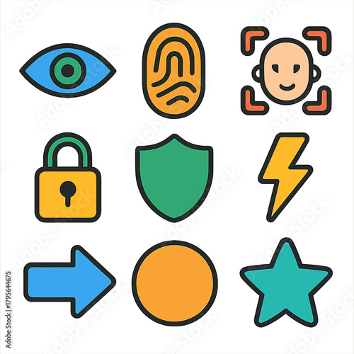 Colorful icons of security and technology in flat style for digital interfaces