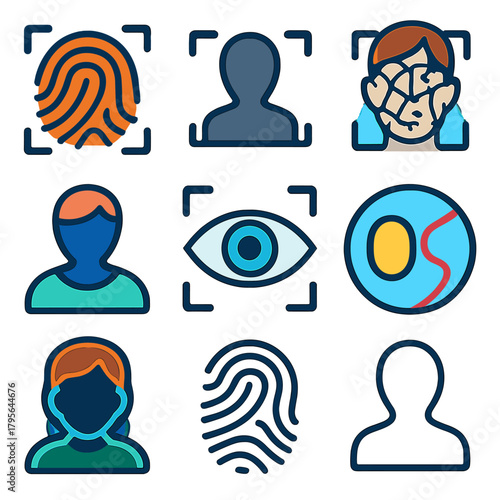 Biometric security icons: fingerprints, facial recognition, and eye scanning