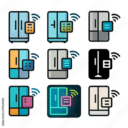 Smart refrigerator icons set displaying wireless communication features