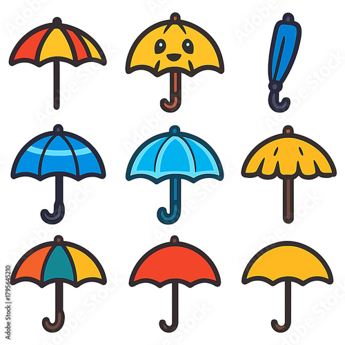 Colorful cartoon umbrellas set with cute designs and comical characters
