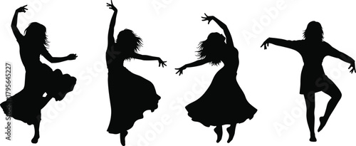 Silhouette of women dancing gracefully in motion, elegant female dancers performing artistic contemporary dance with freedom and passion