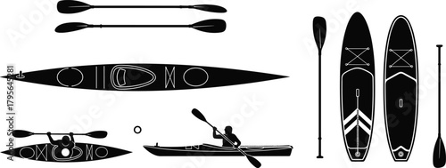 kayak, paddleboard, silhouette, icon, vector, black, sport, water, outdoor, gear, equipment, adventure, activity, boat, person
