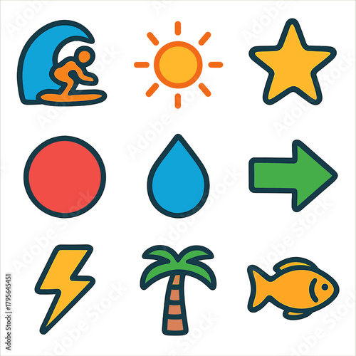 Colorful summer icons: surfing, sun, star, circle, water, arrow, lightning, palm, fish