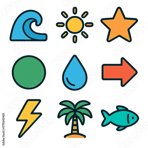 Colorful nature outline icons: fun wave, sun, star, fish, tree