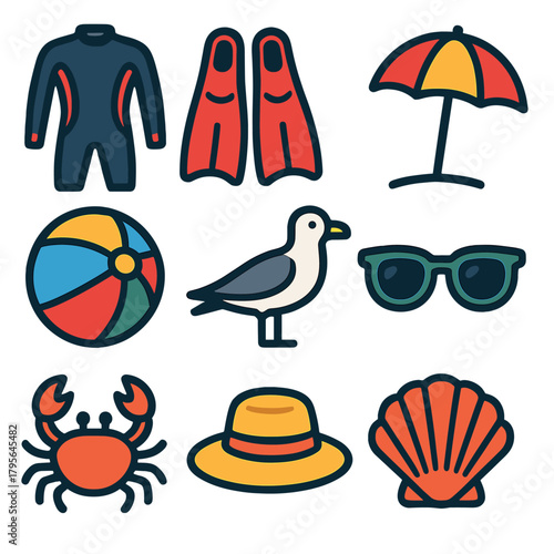 Colorful summer icons featuring beach items and marine life illustrations