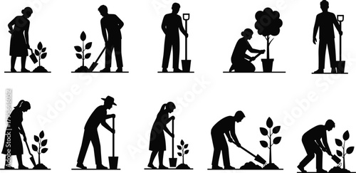 Silhouette people planting trees with shovels, environment conservation illustration, gardening teamwork, eco friendly nature care vector design