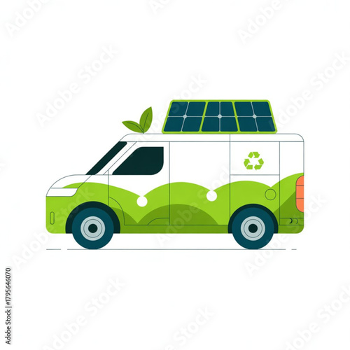 Eco friendly solar powered van with green leaf and recycling symbol illustration