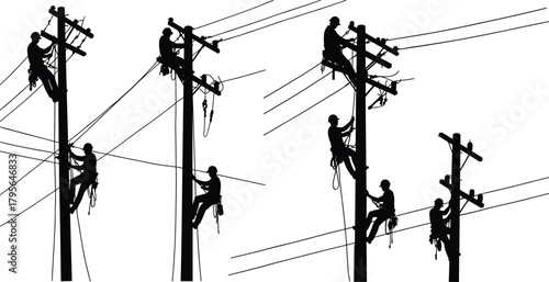 Silhouette utility workers climbing power poles with safety harnesses, teamwork, electrica