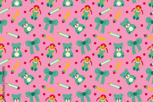 Toys for girls including teddy bear, doll, pencils, and brushes on a pink polka-dot background. Great for children’s products, packaging, stationery, and holiday crafts.