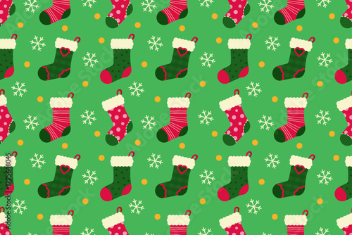 Christmas stockings with polka dots and snowflakes on a green background. Perfect for festive wrapping paper, holiday décor prints, and seasonal illustrations.