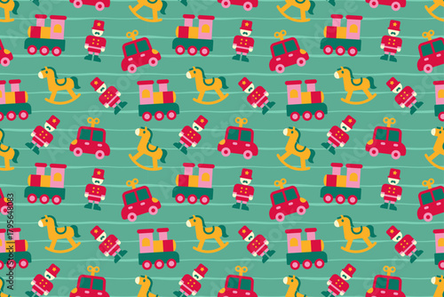 Vintage toys such as rocking horse, toy soldier, train, and wind-up car on a mint green background. Ideal for children’s packaging, wrapping paper, and nostalgic Christmas designs.