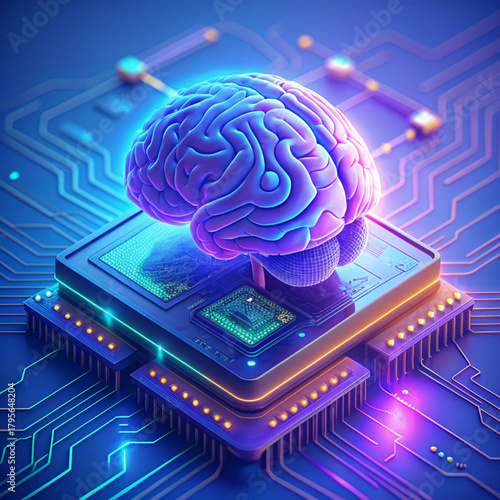 Futuristic 3D visual of an AI microchip or CPU on a circuit board, symbolizing data processing, machine learning, and technological innovation in a bright, ethereal environment