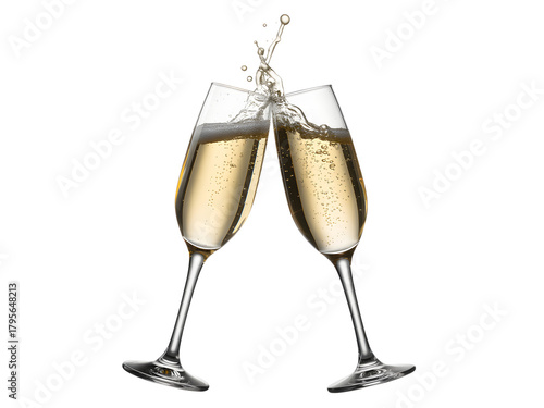 Two champagne flutes clinking together with a splash of bubbly liquid isolated on transparent background