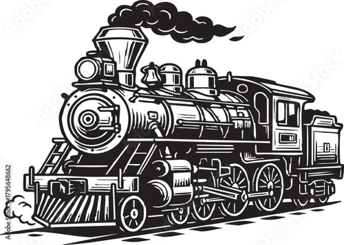 Vintage Steam Train Locomotive Black and White Vector Illustration