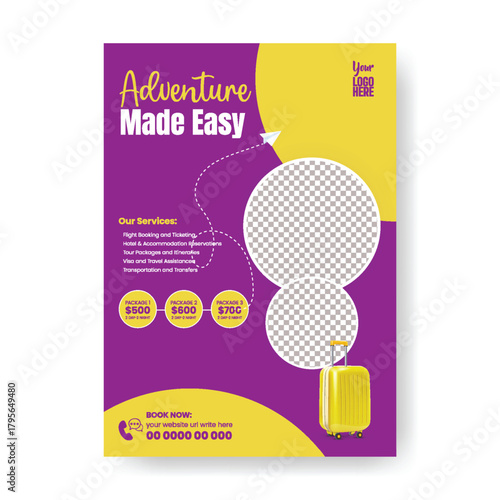 A4 Flyer and Vertical Poster Template Design for Travel Agency Holiday Tour Advertisement, Vacation Package Deals, Adventure Trip Promo, and Hotel Resort Booking Leaflet Cover