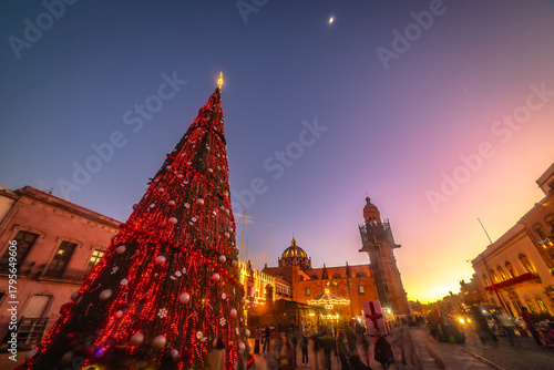 Zacatecas streets at dusk, in winter, with Christmas and New Year lights and decorations