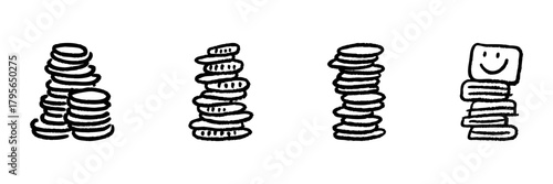 Stacked Coins And Smile Face Line Icon Set In Doodle Style. Financial Growth, Wealth Accumulation, And Positive Investment Outlook Outline Sketch Collection. Hand Drawn Isolated Vector Illustration