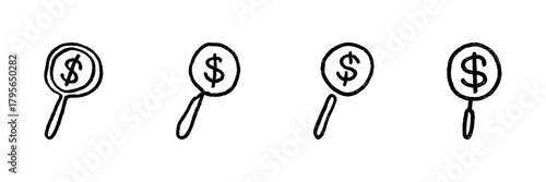 Magnifying Glass With Dollar Sign Line Icon Set In Doodle Style. Financial Analysis, Investment Research, And Economic Evaluation Outline Sketch Collection. Hand Drawn Isolated Vector Illustration