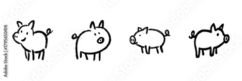 Cute Pig Line Icon Set In Doodle Style. Farm Animal, Livestock, And Agriculture Outline Sketch Collection. Hand Drawn Isolated Vector Illustration