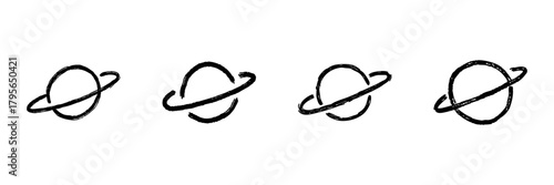 Planet With Rings Line Icon Set In Doodle Style. Astronomy, Space Exploration, And Celestial Bodies Outline Sketch Collection. Hand Drawn Isolated Vector Illustration
