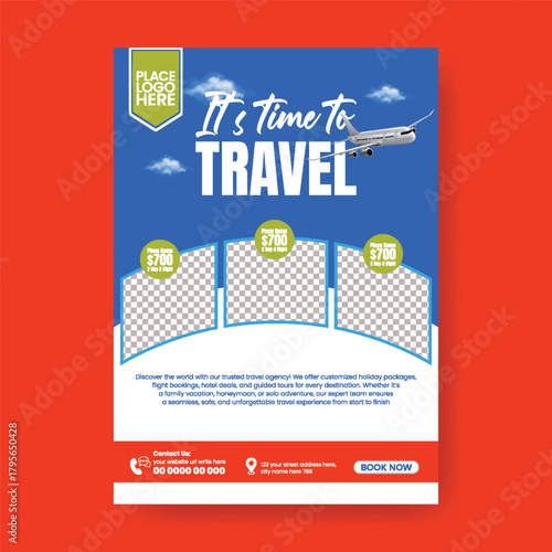 Vacation Package Travel Agency A4 Poster and Flyer Template Design with Holiday Tour Promo, Hotel Booking Deals, Adventure Trip Offers, and Travel Leaflet Brochure Layout