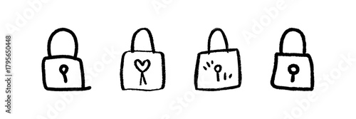 Padlock Line Icon Set In Doodle Style. Security, Privacy, And Protection Symbols Outline Sketch Collection. Hand Drawn Isolated Vector Illustration