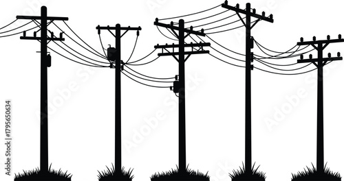 Utility pole silhouette vector illustration, electrical distribution infrastructure