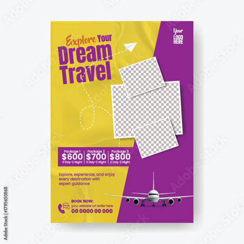 Holiday Tour A4 Poster and Travel Agency Flyer Template Design Including Vacation Package Offers, Travel Sale Advertisement, Flight Ticket Booking, and Tourism Brochure Leaflet Cover
