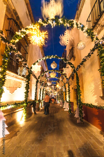 Zacatecas streets at dusk, in winter, with Christmas and New Year lights and decorations