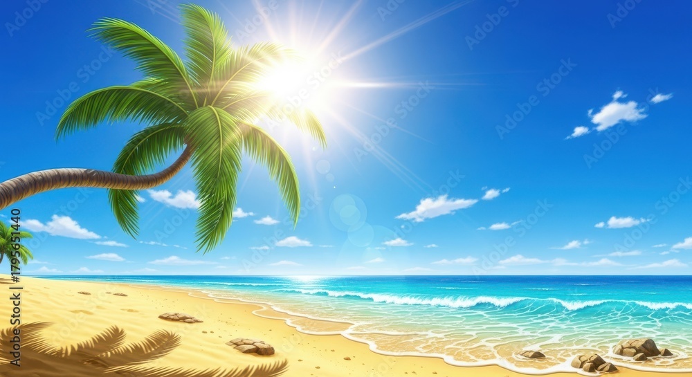 Obraz premium Vibrant tropical beach scene with a leaning palm tree, bright sun, clear blue sky, and turquoise ocean waves gently lapping on a sandy shore, evoking a perfect summer vacation