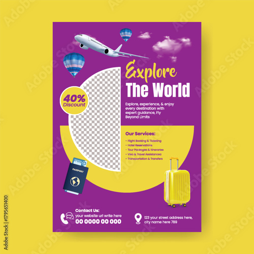 Travel Agency A4 Print Flyer and Vertical Poster Design Featuring Summer Holiday Promo, Tour Promotion, Vacation Package Deals, Travel Leaflet Layout, and Tourism Cover Template