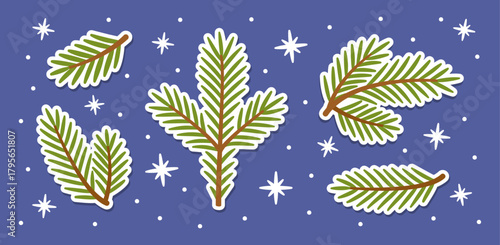 spruce branches sticker set with small snow elements. Hand drawn trendy flat style isolated vector illustration, ideal for Christmas scrapbooking, stickers, seasonal web design, and winter crafts.