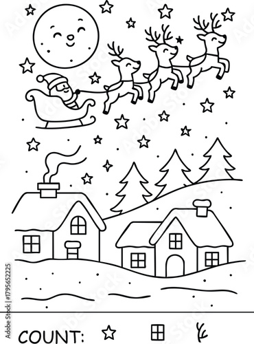 Christmas Crew printable coloring page for kids, santa sleigh and reindeer, kindergarten worksheet