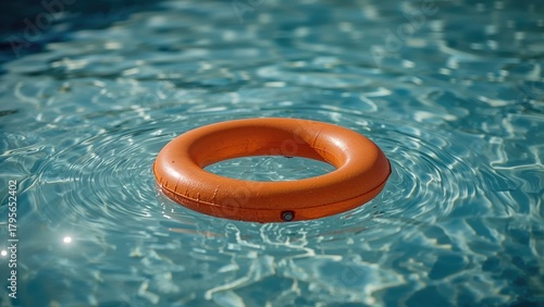An orange lifebuoy floating on the water surface in a pool or open water setting.