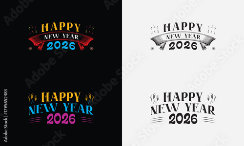 Happy New Year 2026 vector logo set. Trendy typography designs.