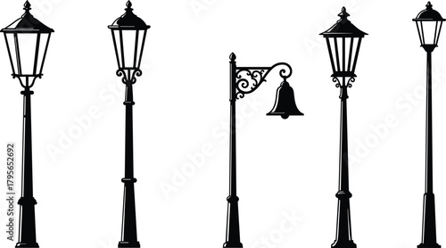 Vintage street lamps and decorative bell post silhouettes, historical lighting vector illustration