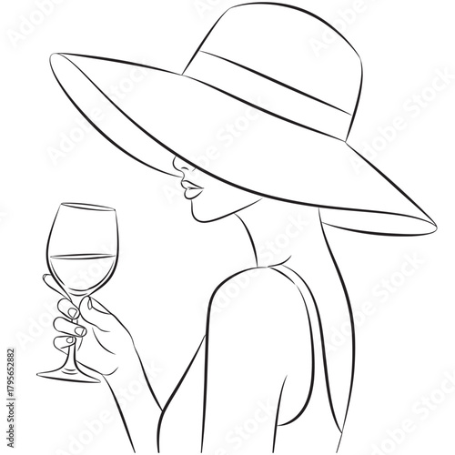 Elegant woman wearing a wide brim hat holding a glass of wine in a minimalist line drawing style