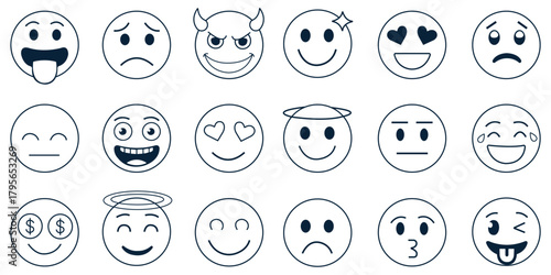 Collection of outline emoji faces with various expressions