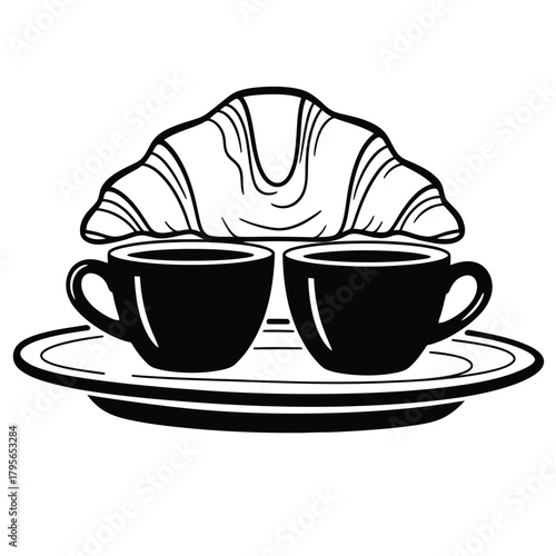 Two dark coffee cups and a croissant on a plate for a morning breakfast or cafe setting