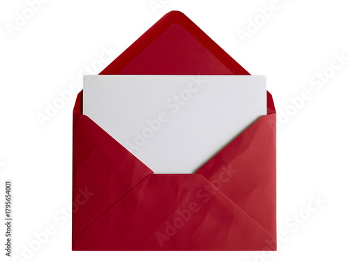 Open red envelope with blank white paper card inside isolated on transparent background