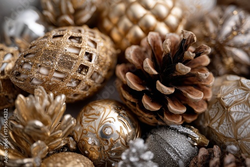 Decorative Golden and Silver Ornaments With Pine Cones for Festive Season Cel...