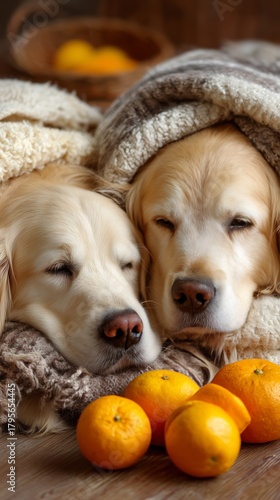 Golden Retrievers Snuggled in Blankets With Oranges on Floor in Cozy Indoor S...