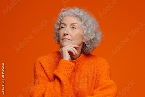 Woman With Curly Gray Hair Wearing Orange Sweater Poses Against Bright Orange...