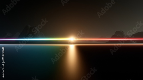 Horizontaler Lichtstrahl mit warmem orangefarbenem und kühlem blauen Licht trifft auf zentrale Lichtquelle